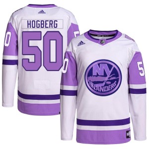 Marcus Hogberg Men's Adidas New York Islanders Authentic White/Purple Hockey Fights Cancer Primegreen Jersey