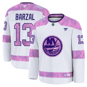 Mathew Barzal Men's Fanatics New York Islanders Premium White 2024 Hockey Fights Cancer Practice Jersey