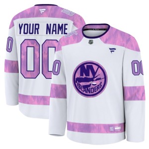 Custom Men's Fanatics New York Islanders Premium White Custom 2024 Hockey Fights Cancer Practice Jersey