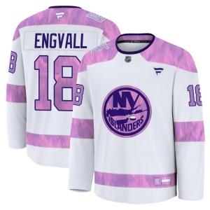 Pierre Engvall Men's Fanatics New York Islanders Premium White 2024 Hockey Fights Cancer Practice Jersey