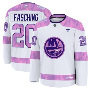 Hudson Fasching Men's Fanatics New York Islanders Premium White 2024 Hockey Fights Cancer Practice Jersey