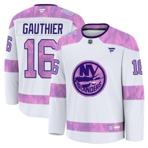 Julien Gauthier Men's Fanatics New York Islanders Premium White 2024 Hockey Fights Cancer Practice Jersey