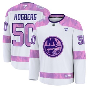 Marcus Hogberg Men's Fanatics New York Islanders Premium White 2024 Hockey Fights Cancer Practice Jersey