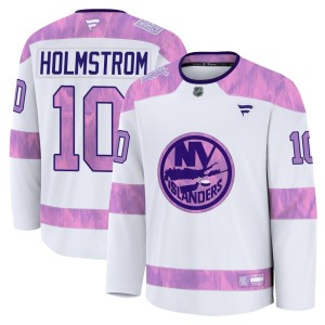 Simon Holmstrom Men's Fanatics New York Islanders Premium White 2024 Hockey Fights Cancer Practice Jersey