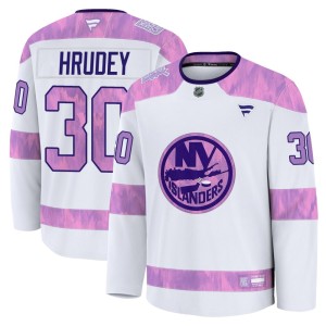 Kelly Hrudey Men's Fanatics New York Islanders Premium White 2024 Hockey Fights Cancer Practice Jersey