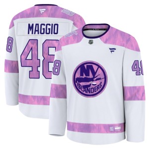 Matthew Maggio Men's Fanatics New York Islanders Premium White 2024 Hockey Fights Cancer Practice Jersey