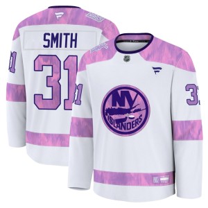 Billy Smith Men's Fanatics New York Islanders Premium White 2024 Hockey Fights Cancer Practice Jersey