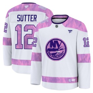 Duane Sutter Men's Fanatics New York Islanders Premium White 2024 Hockey Fights Cancer Practice Jersey