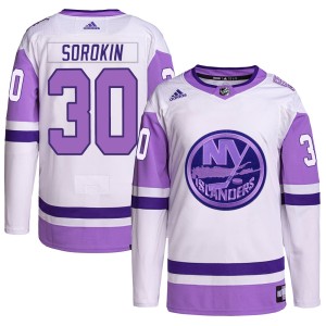 Ilya Sorokin Youth Adidas New York Islanders Authentic White/Purple Hockey Fights Cancer Primegreen Jersey