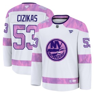 Casey Cizikas Youth Fanatics New York Islanders Premium White 2024 Hockey Fights Cancer Practice Jersey