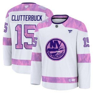 Cal Clutterbuck Youth Fanatics New York Islanders Premium White 2024 Hockey Fights Cancer Practice Jersey