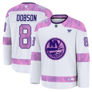 Noah Dobson Youth Fanatics New York Islanders Premium White 2024 Hockey Fights Cancer Practice Jersey