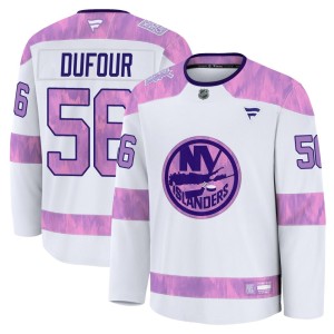 William Dufour Youth Fanatics New York Islanders Premium White 2024 Hockey Fights Cancer Practice Jersey