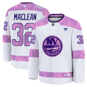 Kyle Maclean Youth Fanatics New York Islanders Premium White Kyle MacLean 2024 Hockey Fights Cancer Practice Jersey