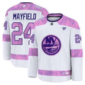 Scott Mayfield Youth Fanatics New York Islanders Premium White 2024 Hockey Fights Cancer Practice Jersey