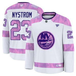 Bob Nystrom Youth Fanatics New York Islanders Premium White 2024 Hockey Fights Cancer Practice Jersey